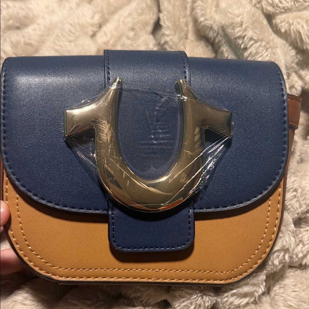 True Religion Blue and Tan Crossbody Bag with Gold Accent